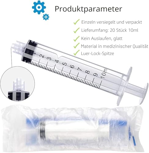 Pack of 20 10 ml Luer Lock Syringes, Individually Sterile Sealed 10 ml Plastic Luer Lock Syringes without Needle, for Scientific Laboratories, Epoxy Resin, Crafts, Feeding Pets (10 ml) 10ml