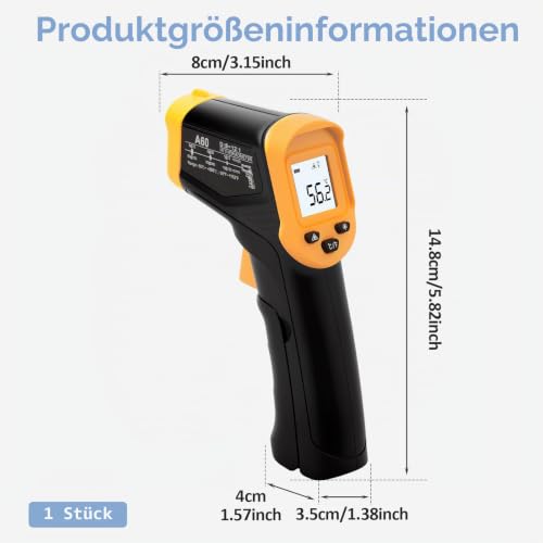 Infrared Thermometer, -50°C to 600°C Lightweight Temperature Meter, Non-Contact Digital Laser Thermometer, Illuminated Screen, Non-Human - for Kitchen/Grill/Cooling/Industry Yellow