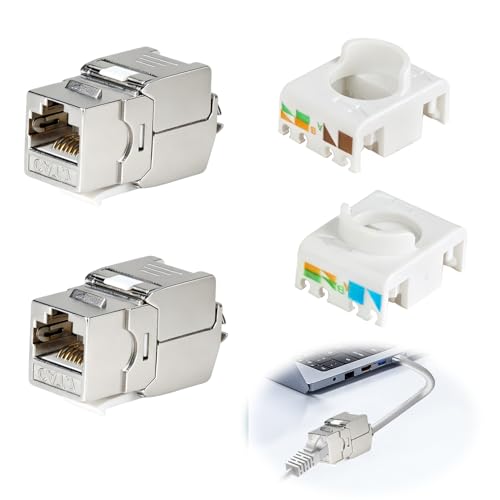 2x Keystone RJ45 Module Cat 7, RJ45 Socket Tool-free up to 10 Gbit/s and 1000 MHz, Keystone Module Fully Shielded STP, LAN Socket for Patch Panel, Network Socket, Compatible with Cat 6a, Cat 7, Cat 8