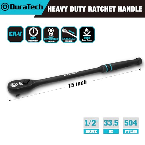 DURATECH Extra Long Handle 1/2-Inch Drive Ratchet, 90-Tooth Ratchet Wrench 1/2" with 15" handle