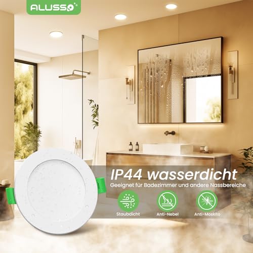 Alusso LED Recessed Spotlight, 230 V, Flat IP44, 10 W LED Spotlights, 700 lm, Set of 6 | Warmweiß 3000K Einbauleuchten, 30mm Ultra Flach, Einbauspot Loch 125-135mm, Deckenspots für Badezimmer Küche Wohnzimmer Warm White 3000 K, Set of 6