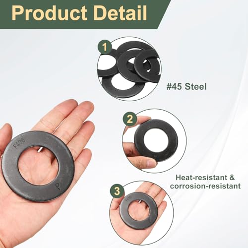 uxcell 5 Pcs SAE 1-1/2" Black Flat Washers, 45# Steel SAE Metal Washer for Screws and Bolts (ASTM F436) 1-1/2"