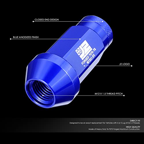 J2 Engineering J2-LN-T7-037-15-BL M12 x 1.5 T6-7075 Aluminum Closed End Lug Nuts w/Deep Drive Extension Adapter,Blue,24mm x 50mm