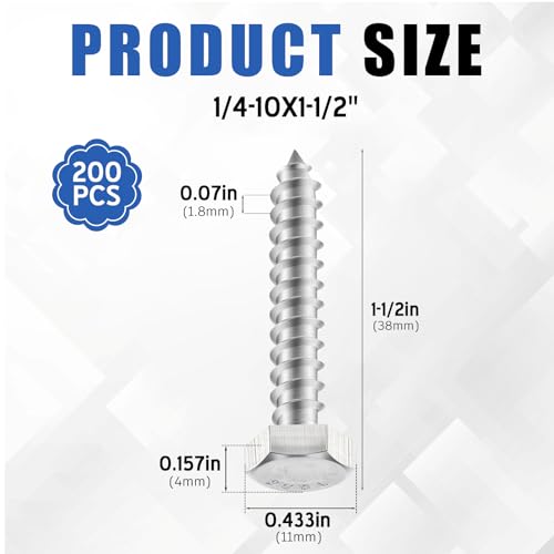 Zonon 200 Pcs 1/4" X 1-1/2" 304 Stainless Steel Lag Screw for Wood, Silver 1/4" X 1-1/2"