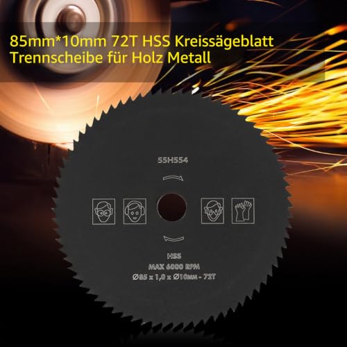 Pack of 2 HSS Circular Saw Blades, 85 mm x 10 mm, 72 Teeth, Multi Material Circular Saw Blades, Cutting Discs for Woodworking, Wood, Metal, PVC, Aluminum, Cutting Wheel