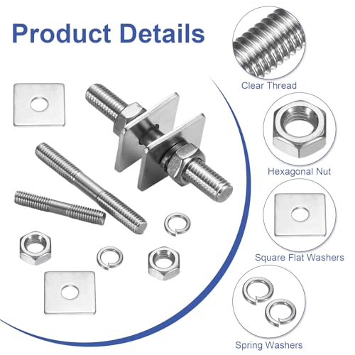 uxcell 2Pcs M6x500mm 304 Stainless Steel Double End Threaded Stud Screw Bolt with Nuts, Square Flat Washers & Spring Washers for House Maintenance, Silver Tone 2