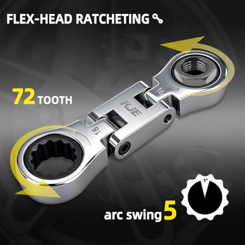 KJE 5PCS Stubby Metric 8-19mm Wrenches Set, 72-Tooth Flex Head Ratcheting Combination Wrench Set,Mini Wrench Set, Compact Double Box End Ratchet Wrench, for Tight Spaces