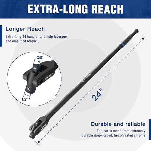 WORKPRO 24-inch Dual Drive Breaker Bar, 3/8" & 1/2" Drive, 360° Flex Head 24" × Dual Drive 3/8"+1/2" Black
