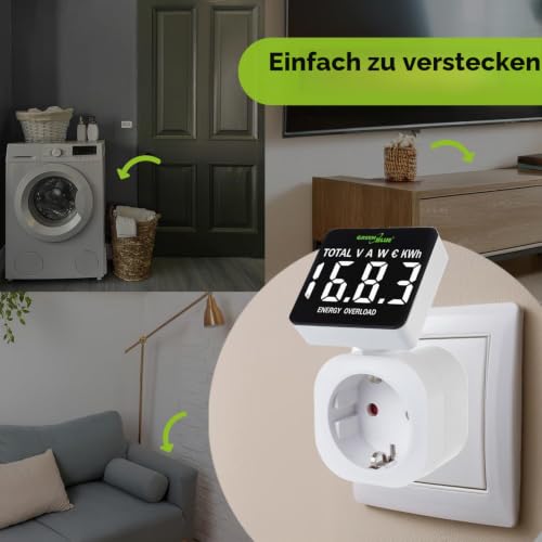 Green Blue Electricity Meter, Energy Cost Meter, Digital Wattmeter, Power Consumption Meter, Energy Meter, 16 A Max: 3680 W, Display of Consumed kWh and Energy Costs | Secondary memory (Schuko socket)