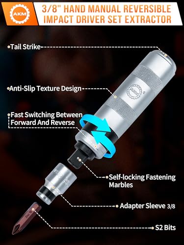 AKM 3/8" Hand Manual Reversible Impact Driver Set Extractor Impact Screwdriver S2 Steel Much More Durable Disengage Rusted Fasteners or Frozen Bolts 3/8" Driver
