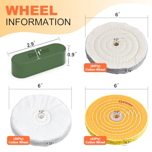 8 Pack 6 Inch Polishing Wheel for Bench Grinder, Include 1/2" Arbor Hole 2 Yellow Cotton(42Ply), 2 White Cotton Polish Wheels(50Ply), 1 Soft Flannel Buffing Wheel(30Ply)& 3 Polishing Compound 6"buffing wheel
