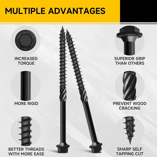 Mywish (6Sets) 1/2" x 4" Hex Head Lag Bolts & 50Pcs 4 Inch Wood Screws, #14 x 4 Heavy Duty Outdoor Wood Screws Assortment Kit Deck Screws, Black Timber Screws Lag Bolts, Black Long Screws