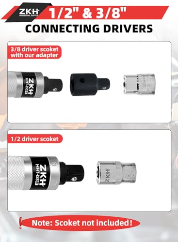 ZKH 3/8" Hand Impact Screwdriver, 1/2" Manual Reversible Impact Driver Includes 10-Piece S2 Steel Slotted, Phillips, Screw Extractor Bit Set for Removing Damaged, Frozen, Rusted Screws and Fasteners 3/8 & 1/2 Inch Driver