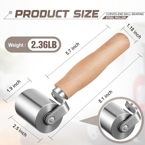 2-1/2" Steel Seam Roller for Rv Roof Repair, Heavy Duty Curved End Ball Bearing Sealant Steel Seam Roller with Wood Handle for Vinyl Flooring Sealing Edges