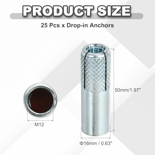 PATIKIL M12 Drop-in Anchors, 25 Pcs Zinc Plated Carbon Steel Solid Knurled Concrete Anchors Internal Forced Expansion Screw Bolts for Solid Concrete Drywall, Silver