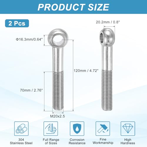 PATIKIL 2 Pcs M20x120mm Shoulder Swing Lifting Eye Bolt, 304 Stainless Steel Metric Half Tooth Thread Fisheye Eye Slip Hole Screw Rigging Bolt Metal Fasteners Screws, Silver Tone