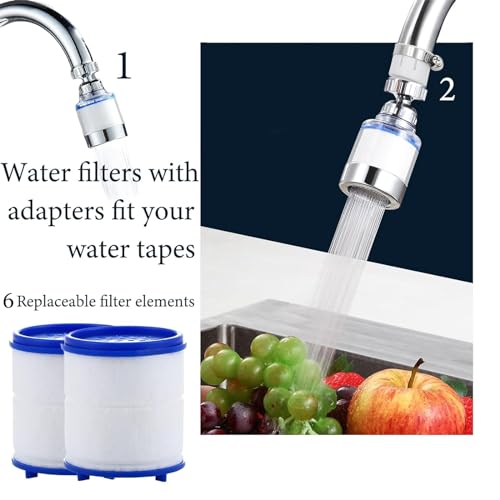 Pack of 2 Transparent Tap Filter, 360° Tap Filter + 6 Polypropylene Cotton Filter Element Water Filter Tap with Interchangeable Filter Element for Kitchen, Sink, Home Bathroom 2 taps + 6 filter elements