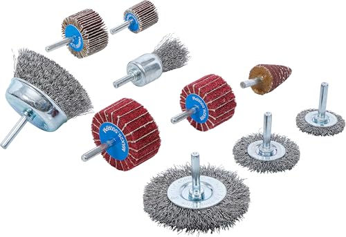 BGS 74499 Brush and Grinding Flap Wheel Set 10 Pieces | For bar grinders and drills, 6.3 mm (1/4 inch) holder, wire brushes, flap wheels, flap discs
