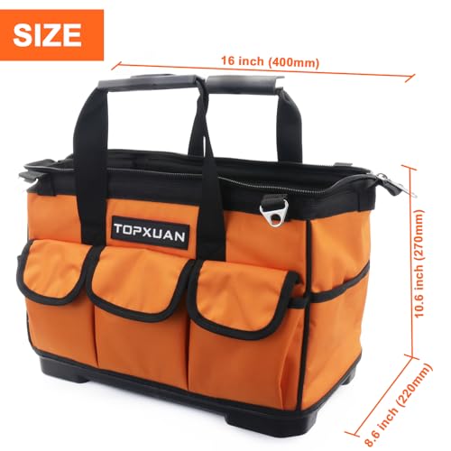 16 Inch Heavy Duty Tool Bag - Molded Plastic Base, Waterproof 900D Oxford Cloth, 16 Pockets Wide Mouth Tool Organizer with Shoulder Strap for Power/Hand Tools (Orange) YT-STBAG-1601