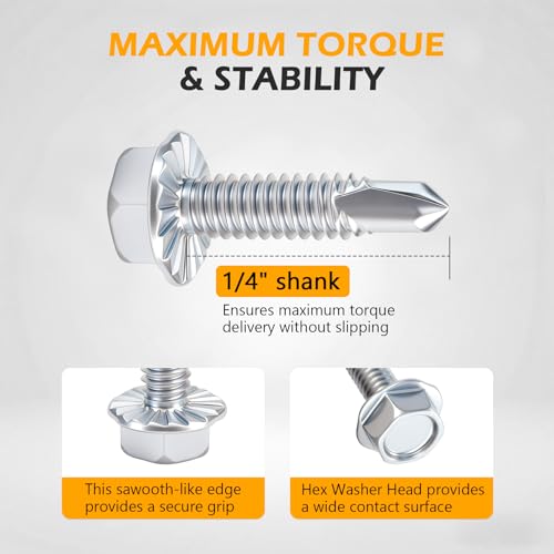 1/4" x 1" Hex Washer Head Self-Drilling Screws (100 PCS), Grade 8.8 Heat Treated Carbon Steel, Zinc Plated Self Tapping Screws, Industrial Strength Metal Fasteners Silvery Self-Drilling 100 pcs
