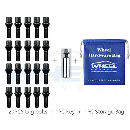 WHEEL CONNECT Spline Lug Bolts,14x1.25,Acorn for Conical Seat. Set of 20 with 1 Key and 1 Storage Bag, for Aftermarket Custom Tuner Wheel, Steel, Black Finish.M14 X 1.25. M14 X 1.25