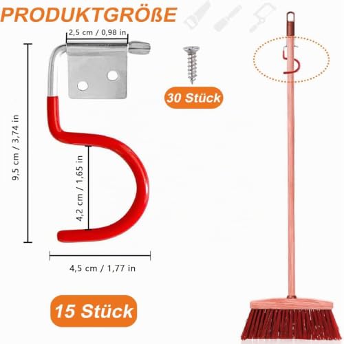 Garden Tool Holder Metal Hooks, Pack of 15 Red Hooks Broom Holder Tool Holder with 30 Pieces Screws, Garden Tools Hanging with Non-Slip Rubber Coating, for Garages, Basements, Tool Shed 15 PACK