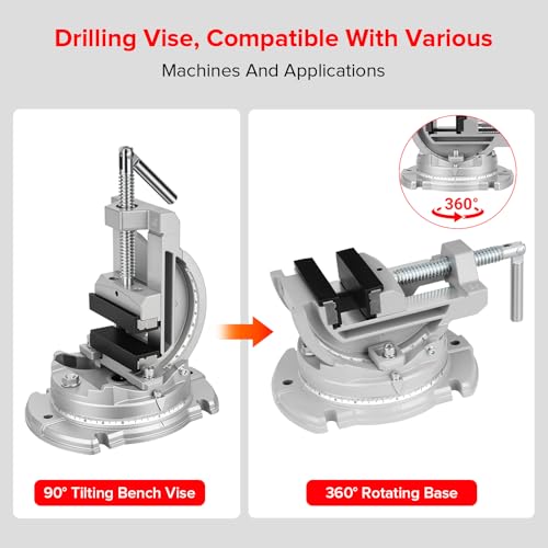 Multi-Angle Bench Clamp with Heavy-Duty Vise Function: 0-90° Tilt, 360° Swivel Base, 3" Jaw, Cast Iron & Powdered Metallurgy Jaws for Woodworking, Drilling, Milling DIY Silver