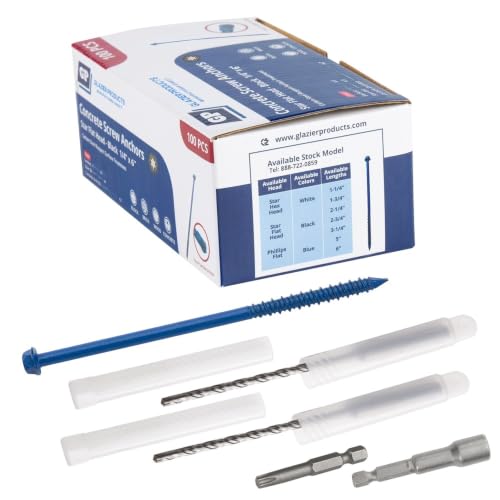 1/4" x 6" Concrete Screws, Blue Hex Head with Star Drive, 100 Pack w/ 2 Drill Bits, 1 Star Bit, & 1 Hex Bit Included - Heavy Duty Masonry Anchor Screws for Concrete, Brick, Block - Carbon Steel 1/4" x 6"