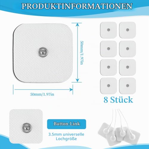 Electrode Pads Adhesive Electrodes 5 x 5 cm with 3.5 mm Snap Push Button 8 Compatible with TENS Devices and EMS Trainers Reusable