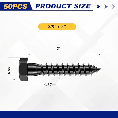 Zonon 50 Pcs 3/8'' X 2" Hex Head Lag Bolts Screws with Washers, Black 3/8'' X 2"