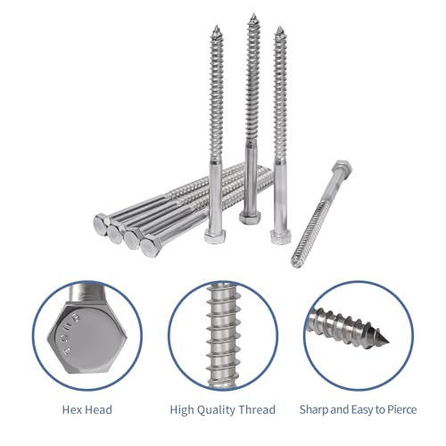 3/8-16x6 Inch Hex Head Lag Bolts, 304 Stainless Steel Wood Screws, 20PCS 3/8" x 6"