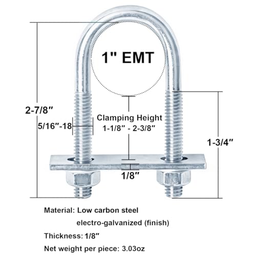 12 PCS Round U-Bolt Fits 1" EMT Conduit, 5/16" x 1-3/16" x 2-7/8" 5/16"-18 x 1-3/16" x 2-7/8"