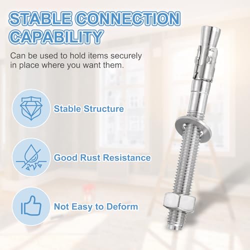 MECCANIXITY 5 Pcs Wedge Anchors, 5/8" x 8" Stainless Steel Concrete Anchors Bolts, Heavy Duty Standard Fastener for Cement Wall Base Bracket (Include Washers Nuts, Silver Tone) 5/8" x 8"