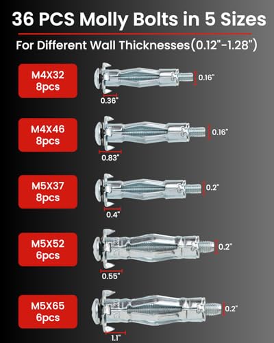 Molly Bolts for Drywall Plaster Walls (0.12"-1.28"), 36PCS in 5 Sizes, Heavy Duty Hollow Wall Anchors with Setting Tool, Holds Up to 55lbs for TV, Curtain Rods, Mirrors, Towel Racks (Red) Red