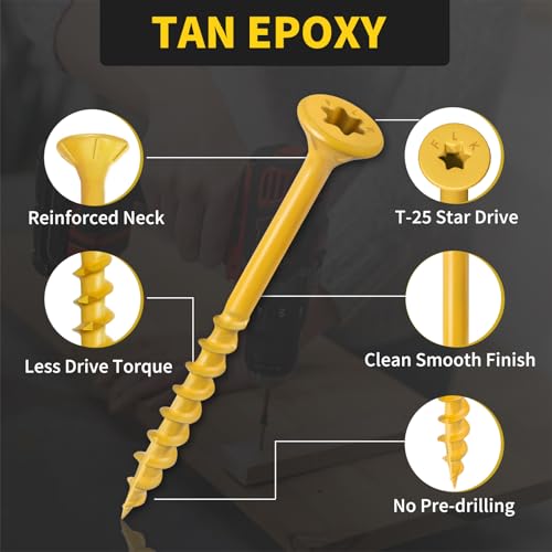 Wood Screws #8 x 2 310PCS #8 x 1-1/4 310PCS, FIXLINK Deck Screws, Epoxy Coated, T25 Star Bit Above 1500 Hour Salt Spray Coating Outdoor Decking Screws Excellent Rust Resistant for Outdoor Wood Fence