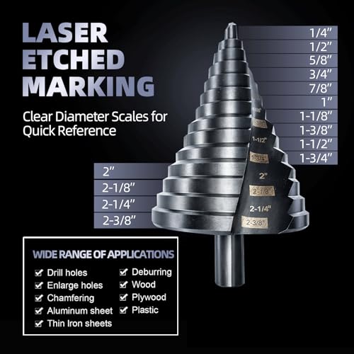 1/4"-2-3/8" XL Step Drill Bit, HSS Double Flute, Metal Wood 1/4" - 2-3/8"