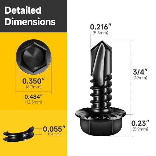 Mywish (300Pcs) 3/16" x 1/4" Blind Pop Rivets & 25Pcs #14 x 3/4" Serrated Flange Hex Washer Head Sheet Metal Screws, Aluminum Grip and Steel Mandrel Blind Rivets, Black Zinc Plated Self Tapping Screws