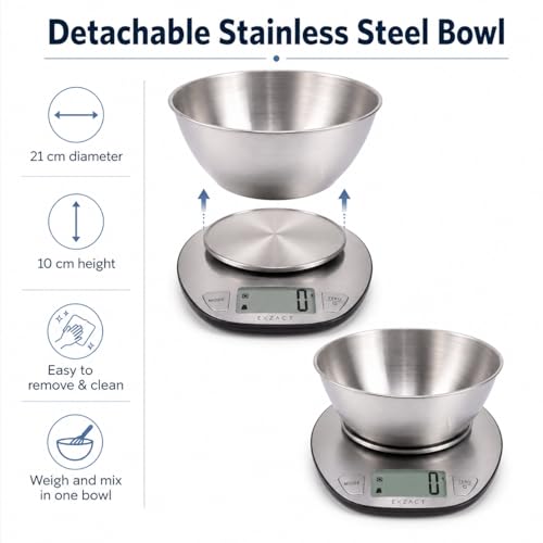 Exzact Digital Kitchen Scale with Stainless Steel Mixing Bowl, 5kg Ex4350