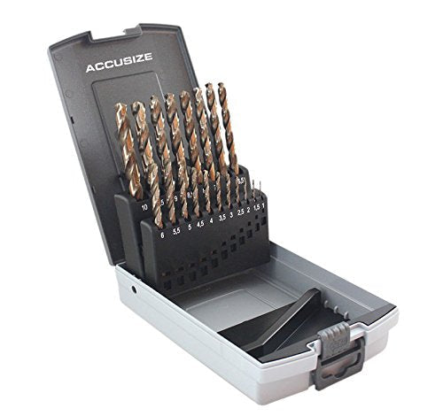 Accusize Industrial Tools M35 H.S.S. Plus 5% Cobalt Metric Drill Set, 135 Deg Split Point, 1 to 10mm by 0.5mm in Plastic Box, 3110-1119 1 to 10mm by 0.5mm, 19 pcs