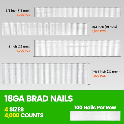 meite 18 Gauge Brad Nails, 4 Sizes (5/8", 3/4", 1", 1-1/4") 4,000Pcs 4-Size Pack (4,000 Pcs) 1 box
