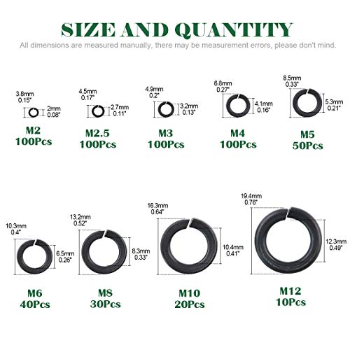 Keadic 735Pcs Metric Black Zinc Plated Alloy Steel Spring Lock Washer Assortment Kit, Nylon Insert Lock Nuts Assortment Kit for Matching Screws or Bolts, 9 Sizes - M2 M2.5 M3 M4 M5 M6 M8 M10 M12