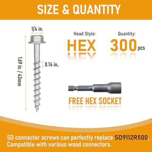 (300 Pack) #9 x 1-1/2" Heavy Duty Joist Hanger Screws, 1/4" Hex Head Wood Screws with 0.370" Dia Deck Screws, Replace SD9112R500 10D Nails (300 Pack)#9 x 1-1/2"