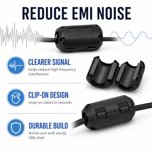 Pack of 20 Ferrite Cores for Cables, Ferrite Core, Folding Ferrite, RF Emi Noise Reduction Cable Clip, with 5 mm/7 mm/9 mm/13 mm Inner Diameter, for USB Cable, Audio and Video Cable, Power Cord (Black