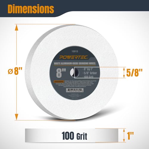 POWERTEC Bench Grinder Wheel 8 Inch 100 Grit, White Aluminum Oxide Grinding Wheel for Bench Pedestal Grinder, 1" Thick 5/8" Arbor, Sharpening & Shaping Drill Bits, Blade, and Chisel 1PK (15513) 100 Grit, 1PK 8" Grinding Wheels