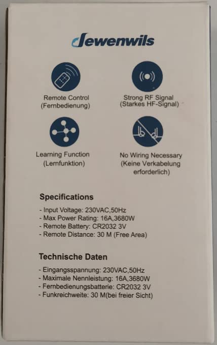 DEWENWILS wireless sockets with remote control, 16A 3680W, plug-in on/off wireless wall switch, no cable required, expandable light switch for holiday decoration, 30M range, pre-programmed, white