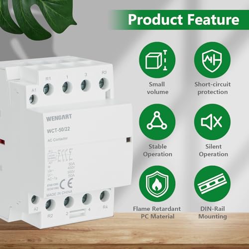 Wengart Humm-free installation contactor 50A AC 24V - 2NO + 2NC (2 N/O contactors, 2 openers) - 54 mm width (3 TE) - silent protection for heat pumps, PV storage & wallbox control - WCT-50