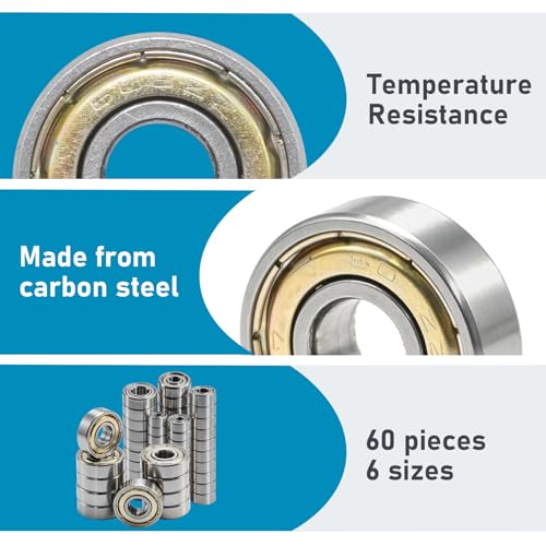 Hoypeyfiy 60Pcs 6 Sizes Carbon Steel Ball Bearings Assortment Kit, Double Shielded Deep Groove Bearings for Furniture Wheels, Skateboards, and Small Motors