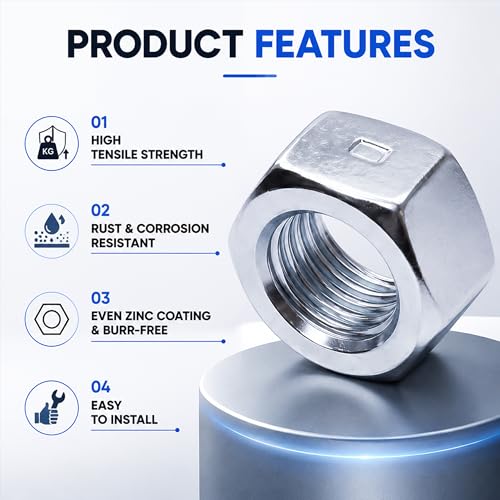 100Pcs 1/2-13 Hex Nuts Carbon Steel Hardware Nuts 100