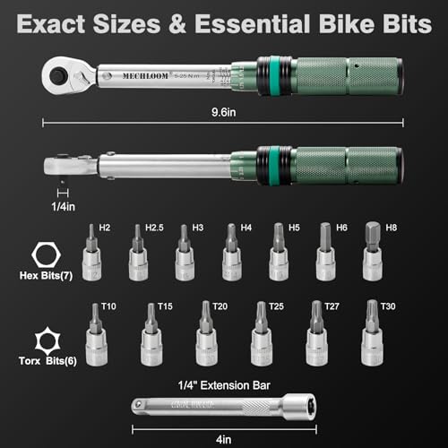 Bicycle Torque Wrench Set, 1/4-Inch, 5–25 Nm, 15-Piece Kit 1/4" 15 PCS