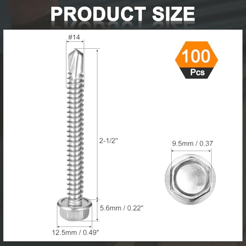 uxcell 100Pcs #14 x 2-1/2" Self Drilling Screws, 410 Stainless Steel #14 x 2-1/2" 100